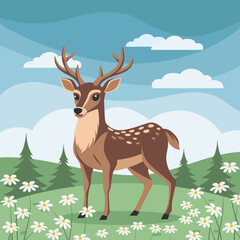 Landscape, cute deer on a meadow with daisies. Wildlife illustration in flat style