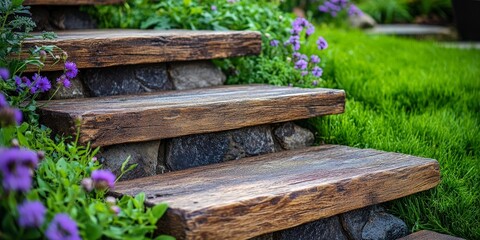 Fototapeta premium Serene Garden Pathway with Wooden Steps and Flowers