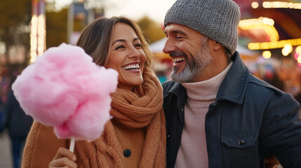 Middle-aged happy couple at the fair during autumn day