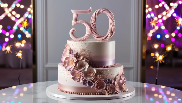 Elegant 50th Birthday Cake with Pastel Floral Accents and Soft Gradient Design