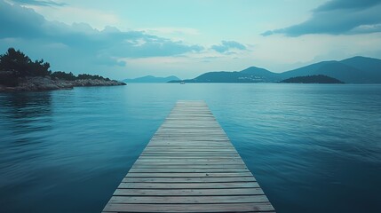 Fototapeta premium A serene wooden dock extending into calm waters, surrounded by mountains and an overcast sky, perfect for peaceful retreats.