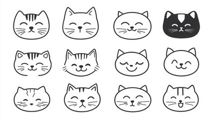 Adorable Cat Emoticons Collection: High-Definition Black and White Vector Line Drawings in Large Format