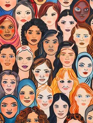 Women's Equality Day, Girls power, diversity, feminism, concept with diverse women faces. Many diverse women of different ages, nationalities and religions come together.
