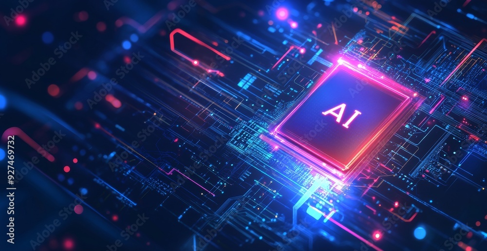Poster futuristic ai processor on abstract digital circuit background