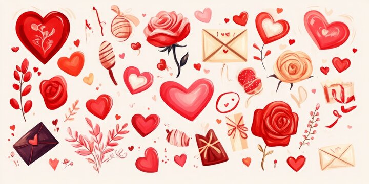 Valentine's Day Celebration: Illustrations of Kisses, Hand-holdings, and a Bouquet of Roses with Envelopes, Ribbons, Chocolates, Candies, and Balloons in Sweet Flat Colors