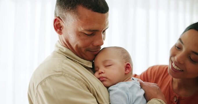 Happiness, mother and father with baby, care and family with childcare development, home and embracing. Parents, mama and dad with newborn, infant and apartment with love, bonding together and smile