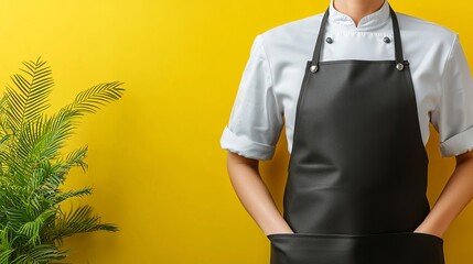 Professional chef wearing a black apron with a yellow background, showcasing culinary attire and modern kitchen wear for cooking enthusiasts.