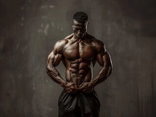 Fototapeta premium A muscular man poses confidently in a gym during evening hours, showcasing his physique and strength
