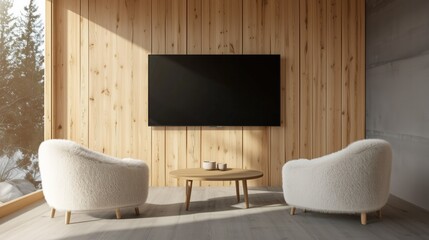 A Scandinavian-inspired living room with a flat-screen TV on a wooden wall, featuring light wood and cozy textiles.
