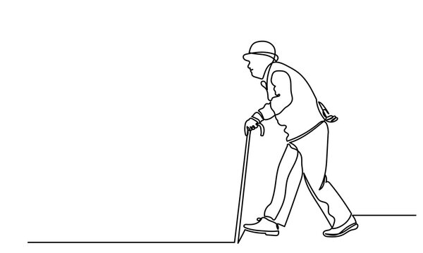 recommend clip art: Continuous line drawing of senior man walking with a cane.single-line art of an Elderly man grandfather or senior man isolated on a white background. 
                    