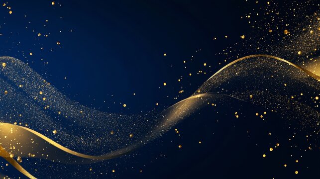 Minimalistic abstract technology background with flowing gold particles on navy.