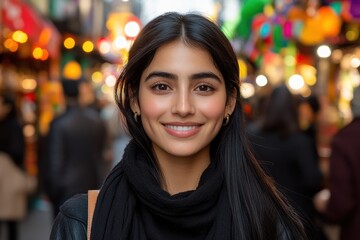 Obraz premium Smiling Woman in a Vibrant Urban Market