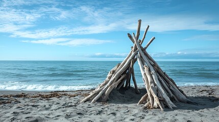 A serene beach scene featuring a driftwood structure against a tranquil ocean and blue sky, perfect for nature themes.