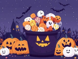 Halloween candy bucket, overfilled with sweets, spooky night backdrop, flat design illustration