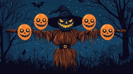 Fototapeta premium Halloween masks on a spooky scarecrow, dark night setting, flat design illustration