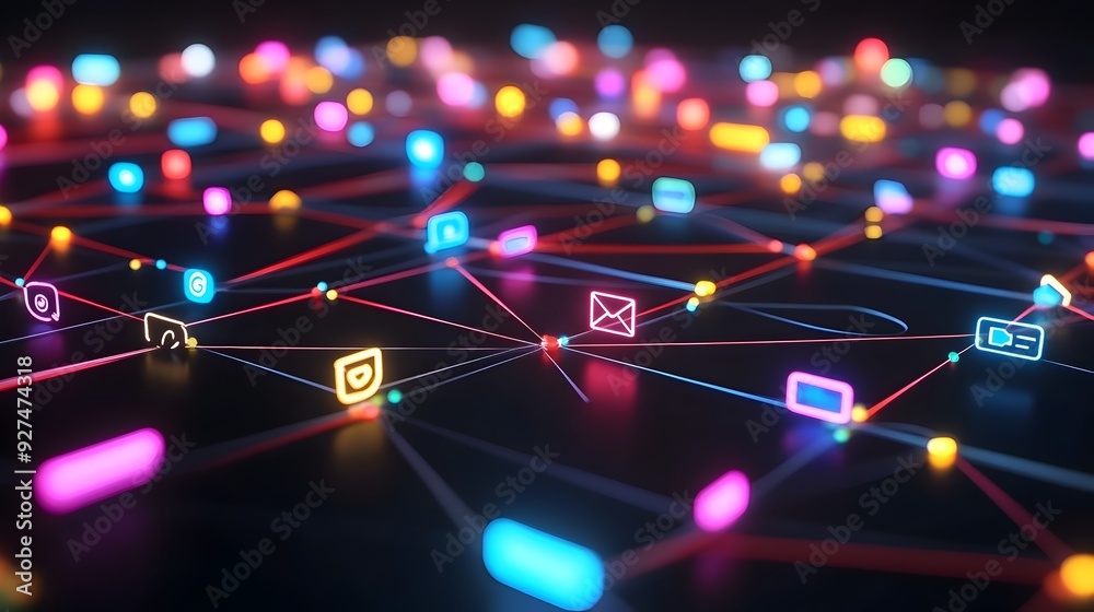 Wall mural futuristic digital network of interconnected colorful lights and geometric shapes representing the e