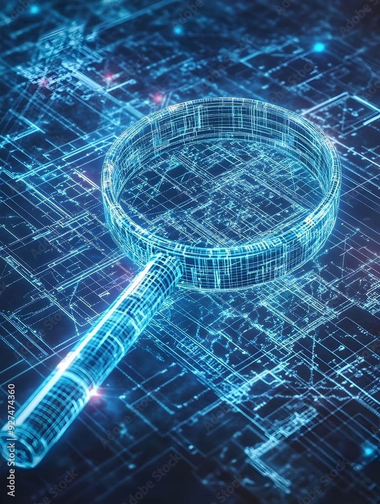 Poster glowing wireframe visualization of digital data and information network