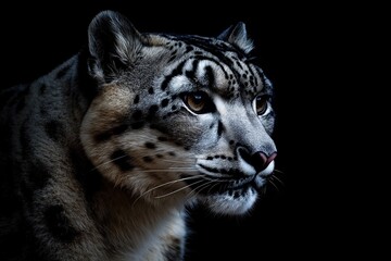 Obraz premium Photo of a snow leopard isolated against a black background, emphasising the snow leopard's majestic features. Wildlife and conservation concept, space for copy.