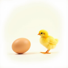 A small yellow chicken standing next to an egg on a white background.