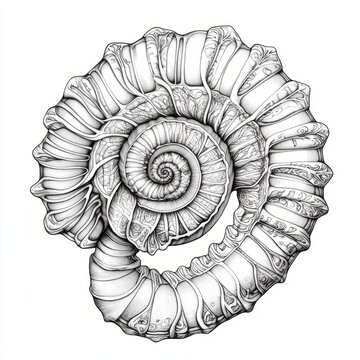 recommend clip art: Detailed line drawing of a coiled ammonite fossil.