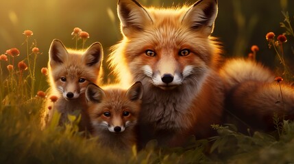 Fototapeta premium A photo of a family of foxes