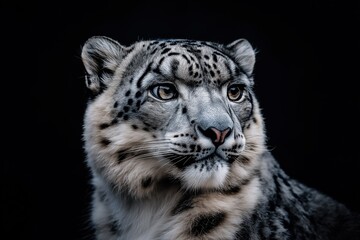 Fototapeta premium Photo of a snow leopard isolated against a black background, emphasising the snow leopard's majestic features. Wildlife and conservation concept, space for copy.