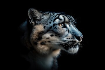 Obraz premium Photo of a snow leopard isolated against a black background, emphasising the snow leopard's majestic features. Wildlife and conservation concept, space for copy.