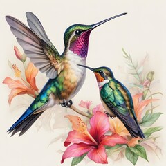 Two Hummingbirds Perched on Hibiscus Flowers