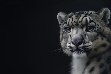 Obraz premium Photo of a snow leopard isolated against a black background, emphasising the snow leopard's majestic features. Wildlife and conservation concept, space for copy.