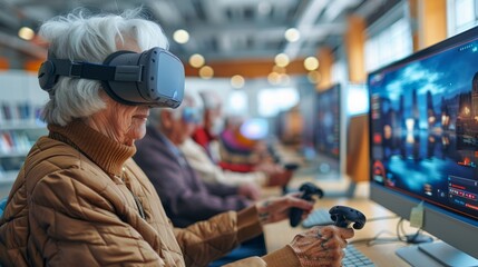 An elderly woman in virtual glasses, engrossed in a computer game, showcases the idea of ageless enthusiasm and modern pastimes.