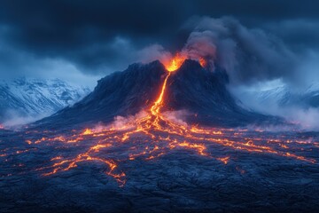 Majestic Volcanic Eruption with Flowing Lava and Smoke Against a Dramatic Sky in a Rugged Landscape