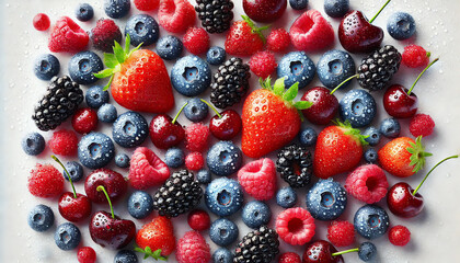 Fototapeta premium A mix of different fresh berries, including strawberries, blueberries, raspberries, blackberries, and cherries
