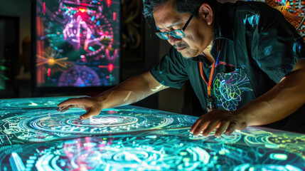 A man engages with vibrant digital displays at an immersive art exhibit in the evening