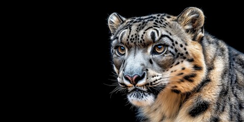 Fototapeta premium Photo of a snow leopard isolated against a black background, emphasising the snow leopard's majestic features. Wildlife and conservation concept, space for copy.