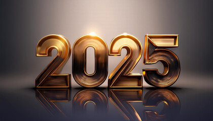 金。西暦。2025。金のオブジェ。重厚で重い鉄鋼や樹脂が立体的に自立し、厚みのある金属感を放つ。ゴールドの輝きは磨かれたメタル。金メッキ。硬い。周囲には転がった数字。削りや研磨を経て美しい。混沌とした時代。今後の行く末。未来はどうなる。
