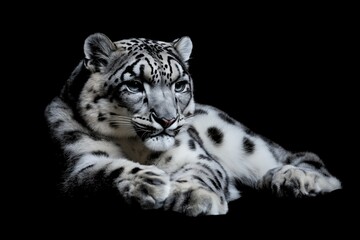 Photo of a snow leopard isolated against a black background, emphasising the snow leopard's majestic features. Wildlife and conservation concept, space for copy.