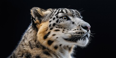 Fototapeta premium Photo of a snow leopard isolated against a black background, emphasising the snow leopard's majestic features. Wildlife and conservation concept, space for copy.