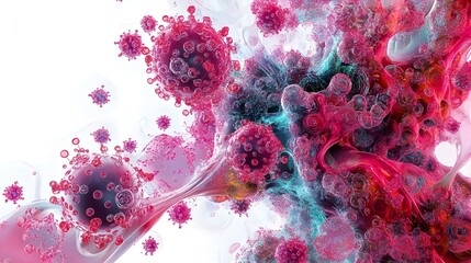 Microscopic view of COVID 19 virus particles floating in laboratory setting with abstract fluid textures