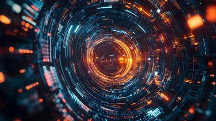 Obraz premium Spiraling Futuristic Tunnel of Vibrant Neon Lights and Fractal Patterns in a Mesmerizing Digital Landscape