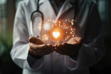 a doctor with open hands and a visual concept of taking care of patients formed by an infographic with a centered heart