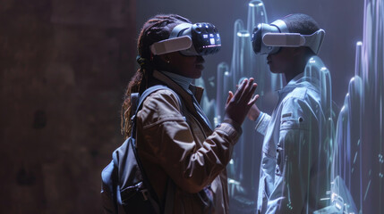 Fototapeta premium Two people explore virtual reality experiences while interacting with digital art in an indoor exhibit