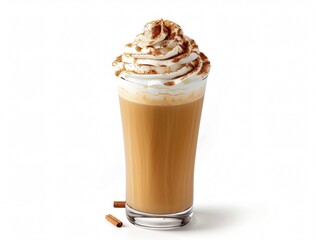 Single Glass of Pumpkin Spice Latte with Whipped Cream and Cinnamon on White Background