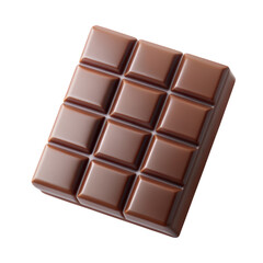 Fototapeta premium 3D illustration of a chocolate bar featuring square pieces. The design highlights a smooth and rich texture, perfect for chocolate-themed concepts. Isolated on transparent background, png.