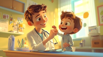 Friendly Pediatrician Caring for Cheerful Young Patient in Medical Office