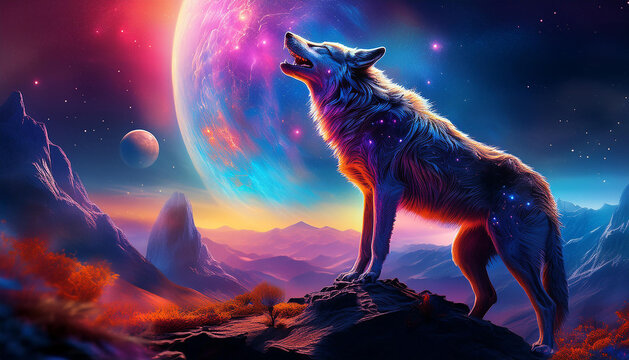 wolf howling at night in the space