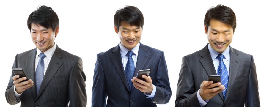 asian businessmen holding and using a cell phone, isolated, AI generated	