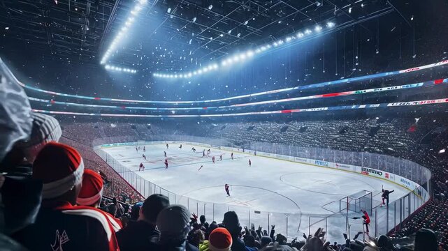 Ice Hockey Match in Packed Stadium at Night with Enthusiastic Fans