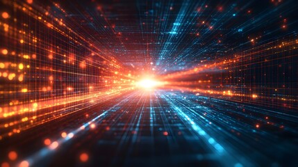 Abstract Digital Network with Orange and Blue Glowing Lines