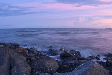 landscape of sea on sunset at tilted pole beach in Thailand   