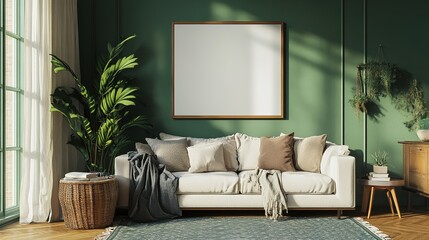 Picture frame mock-up in the interior of a modern living room on a green wall with a sofa and a plant in a vase, transparent wall art mock-up